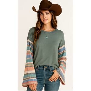 Oddy Boho Shirt Colorful Striped knit Flare Sleeves Army Green Womens Medium